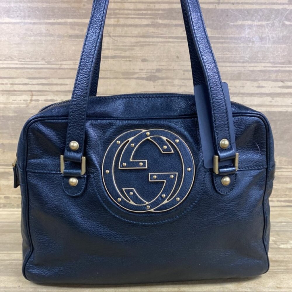 Gucci Soho Black Leather Shoulder Bag with Gold Rivet Interlocking GG Logo